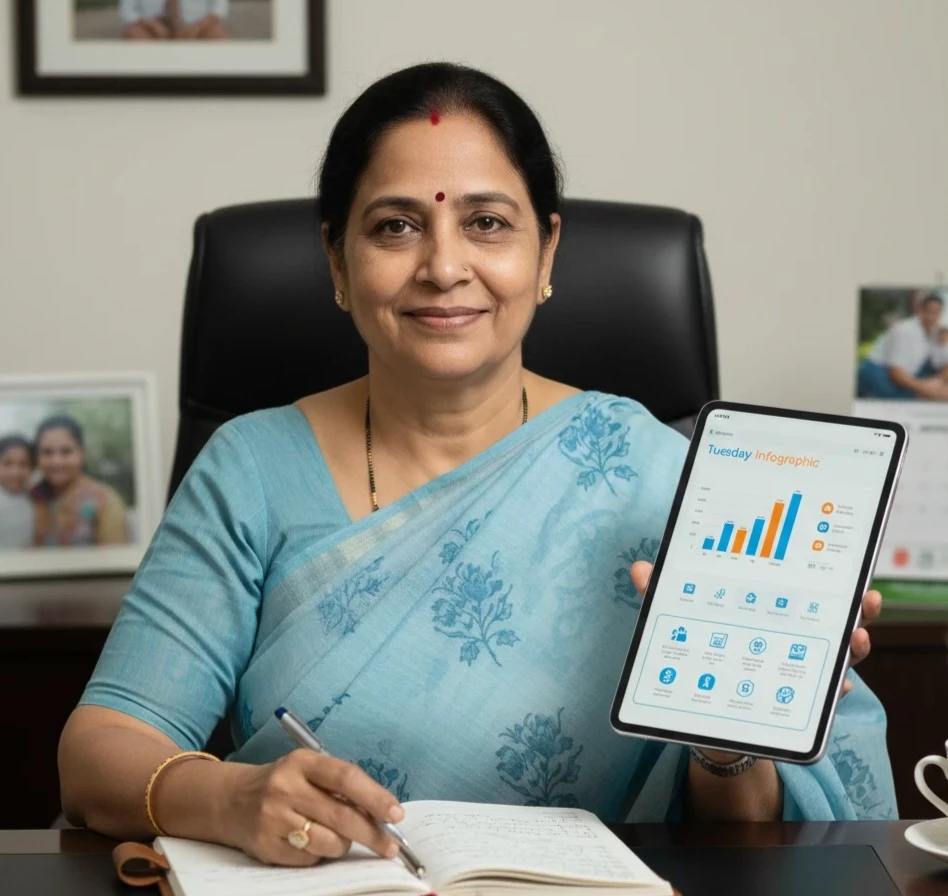 Savita Tai, a social welfare expert for Majhi Ladki Bahin Yojana, sitting at her desk reviewing 2026 beneficiary installment data and e-KYC updates to help women in Maharashtra.
